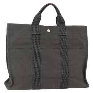 HERMES Her Line MM Hand Bag Canvas Gray Silver Auth ka409